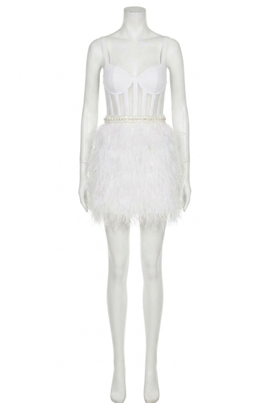 NEW ALICE + OLIVIA feathered mini dress in off white/almond
